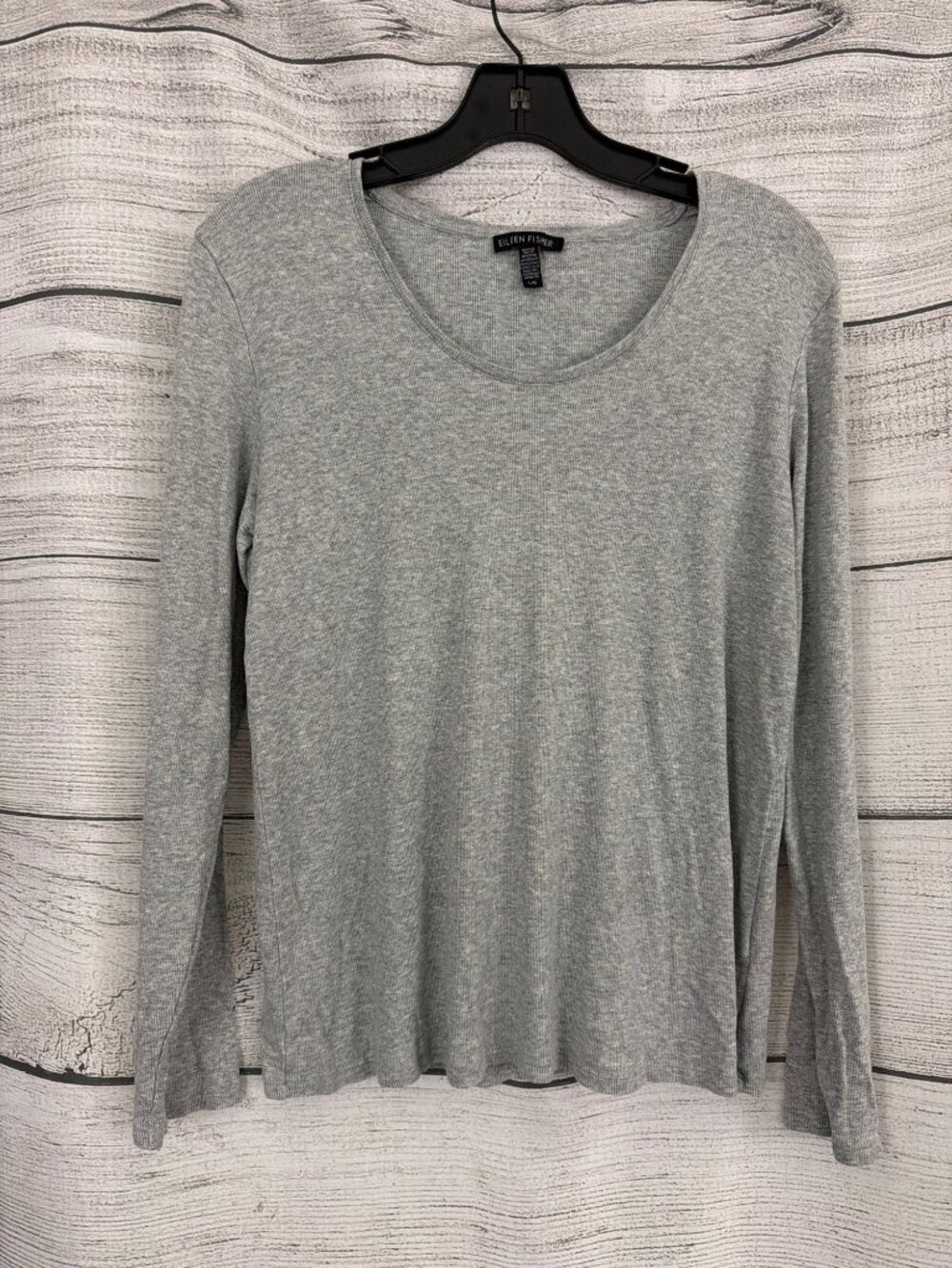 Eileen Fisher Ribbed Gray Long Sleeve Scoop Neck Top Size L